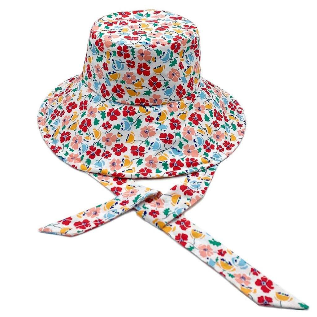 Bucket Hat with Red Floral Print and Chin Tie, Trendy Casual Accessory