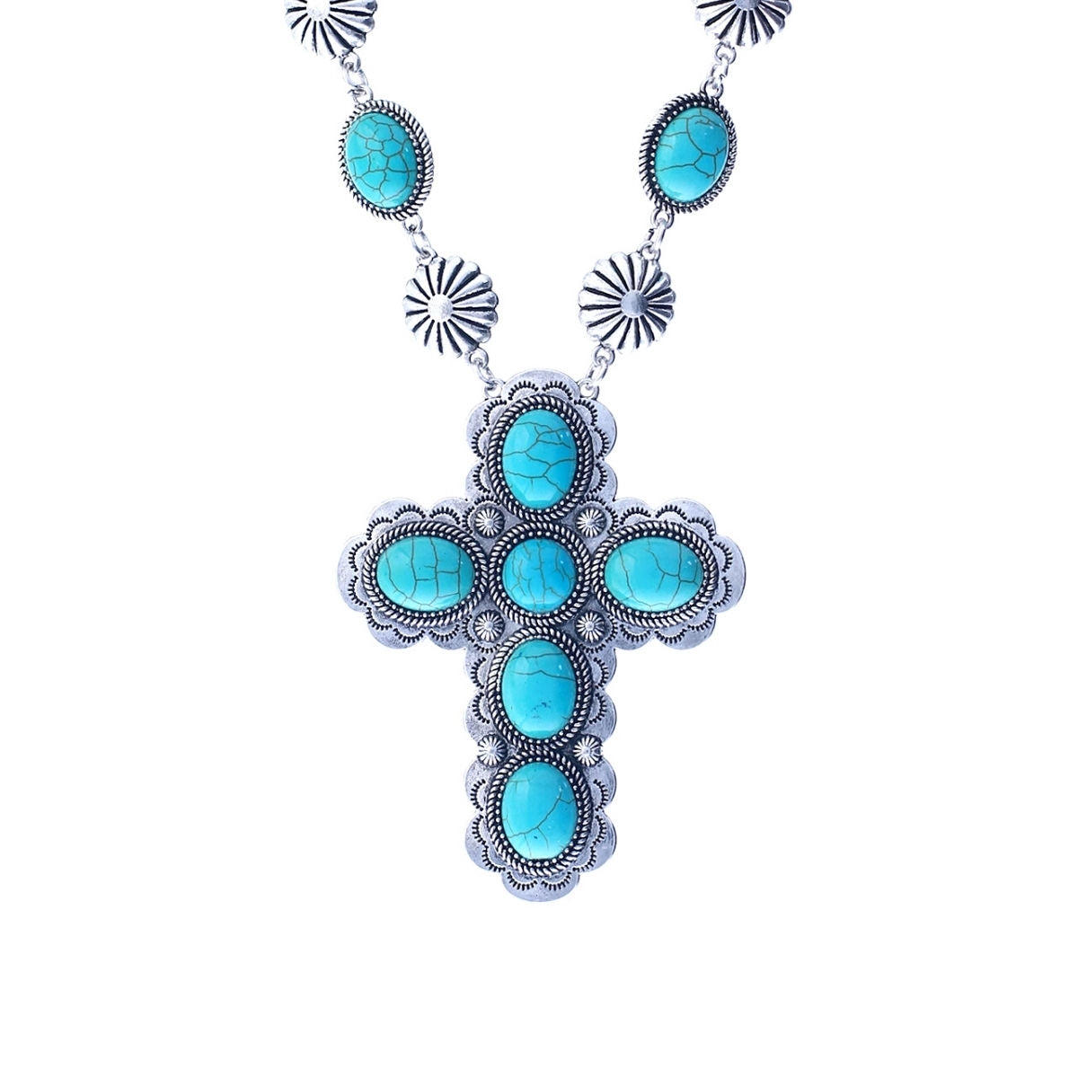 Silver Cross Necklace with Turquoise Stone – Stylish Statement Jewelry