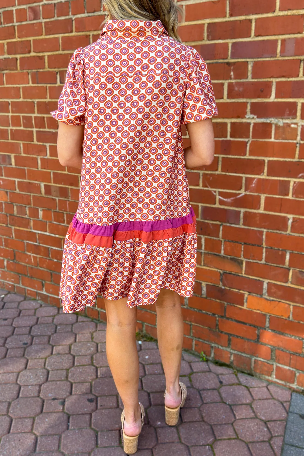 Orange Geometric Floral Print Color Block Trim Button Front Ruffle Hem Dress