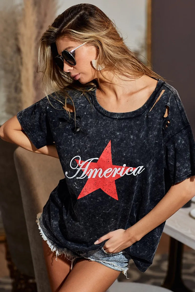 Laser Cut Mineral Washed Jersey Top with America