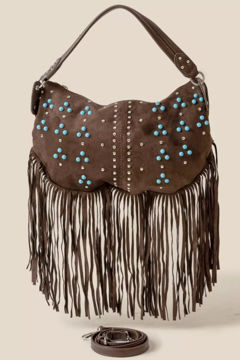 Studded Pattern Multi Fringe Hobo Shoulder Bag
