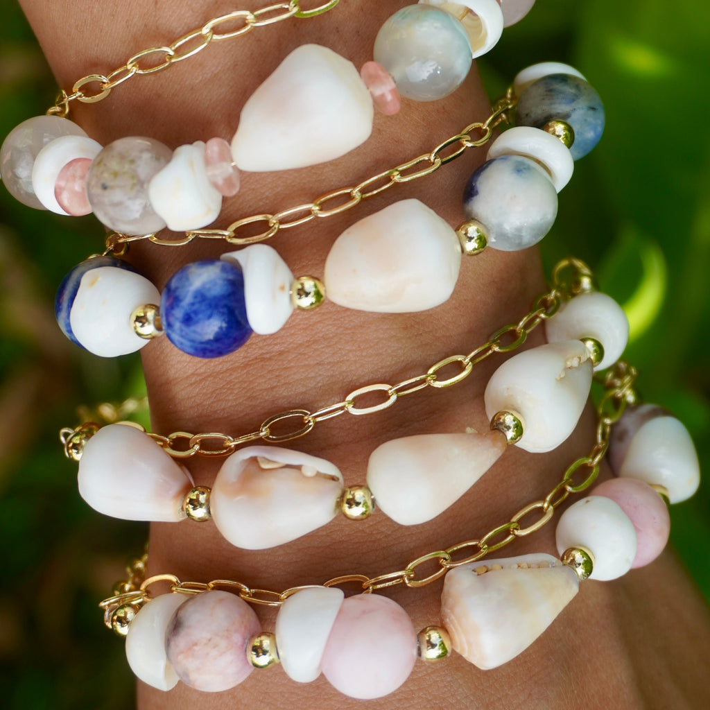 Double Layered Gemstone & Shells Adjustable Bracelets
