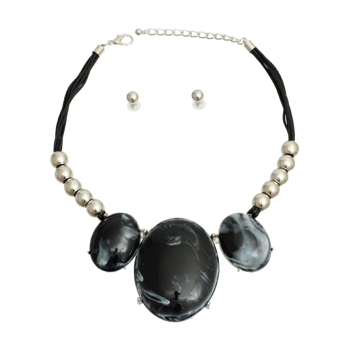Statement Oval Marbled Black Necklace with Black Cord, Stylish Fashion Jewelry