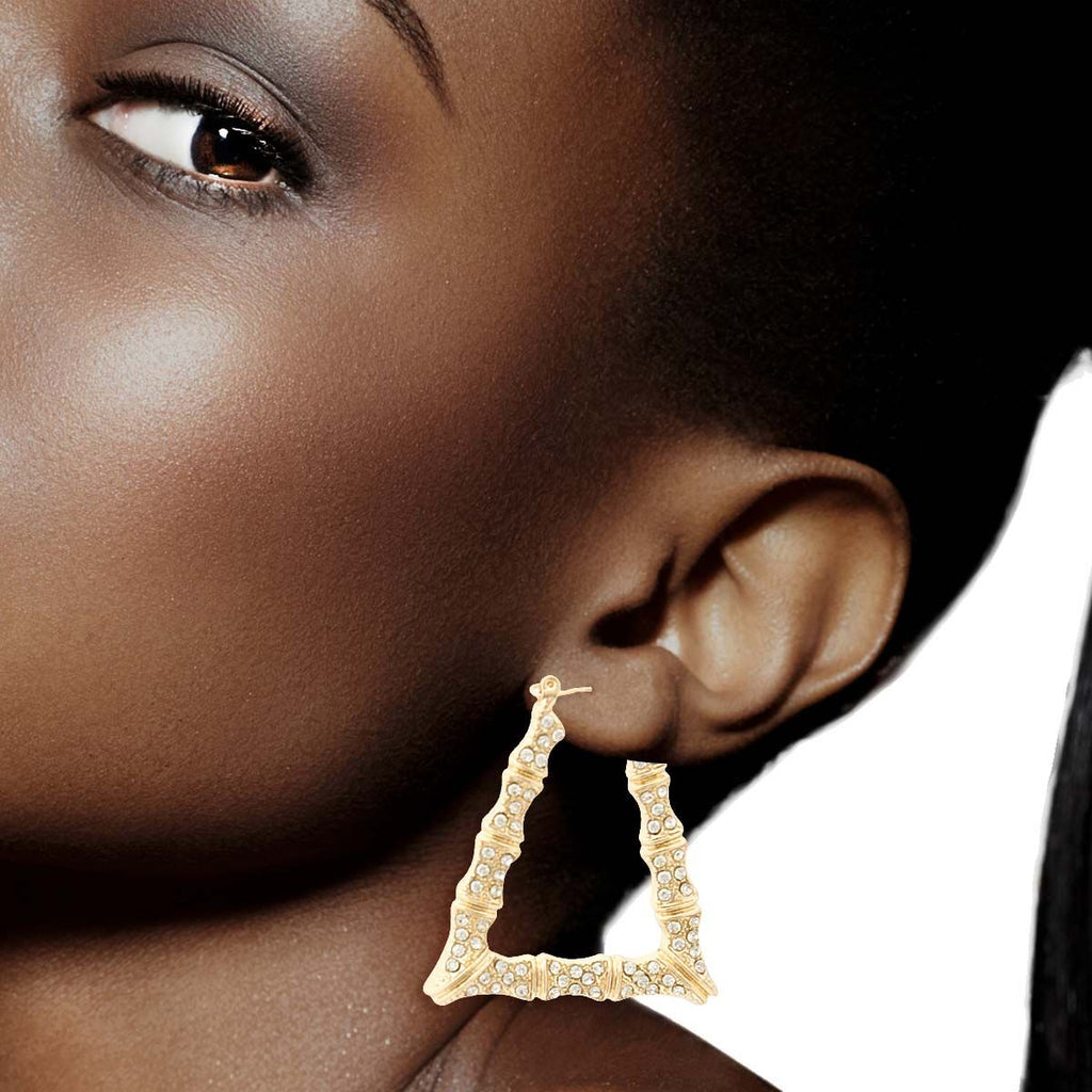 Trendy Gold Bamboo Hoops Earrings, Bling Trapezoid Statement Jewelry