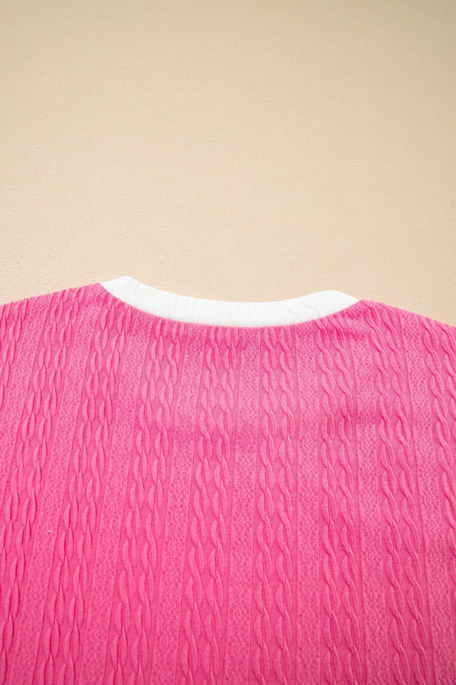 Bright Pink Textured Color Block Trim Loose Tee Drawstring Shorts 2pcs Set