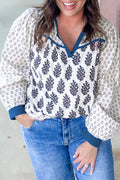 White Plus Size Boho Floral Print Contrast Trim Split Neck Puff Sleeve Patchwork Blouse