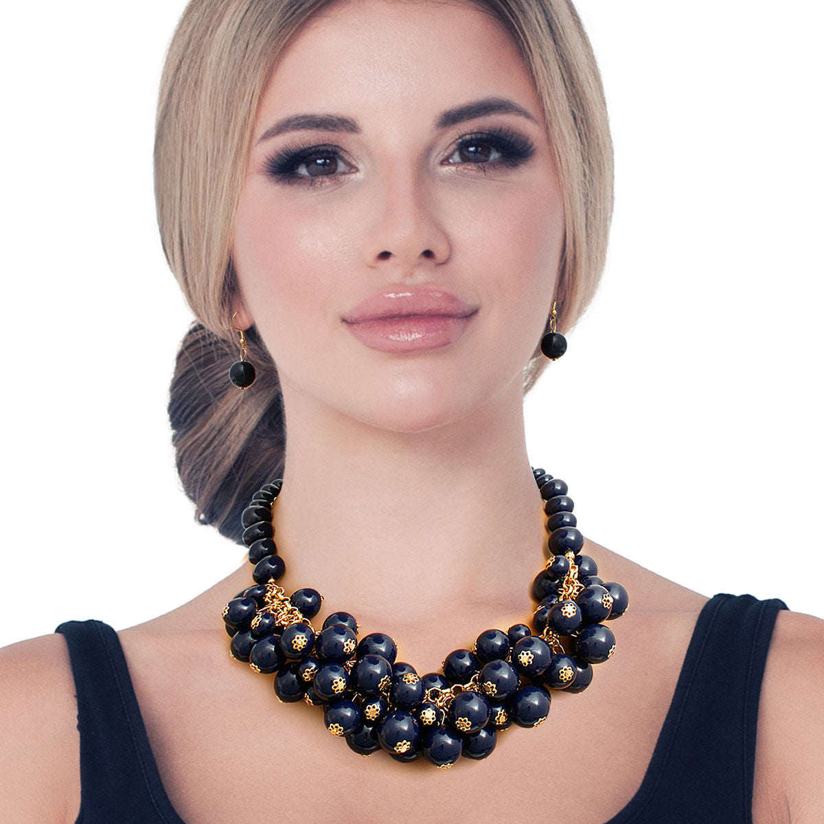 Statement Collar Necklace Set with Navy Ball Bead Cluster, Trendy Jewelry Accessory