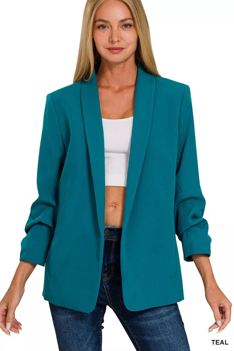 Woven 3/4 Ruched Sleeve Open Front Classic Blazer