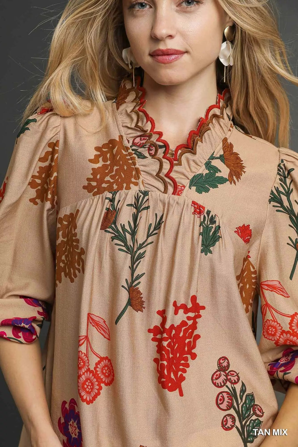 Flower Print Blouse with Scalloped Neckline