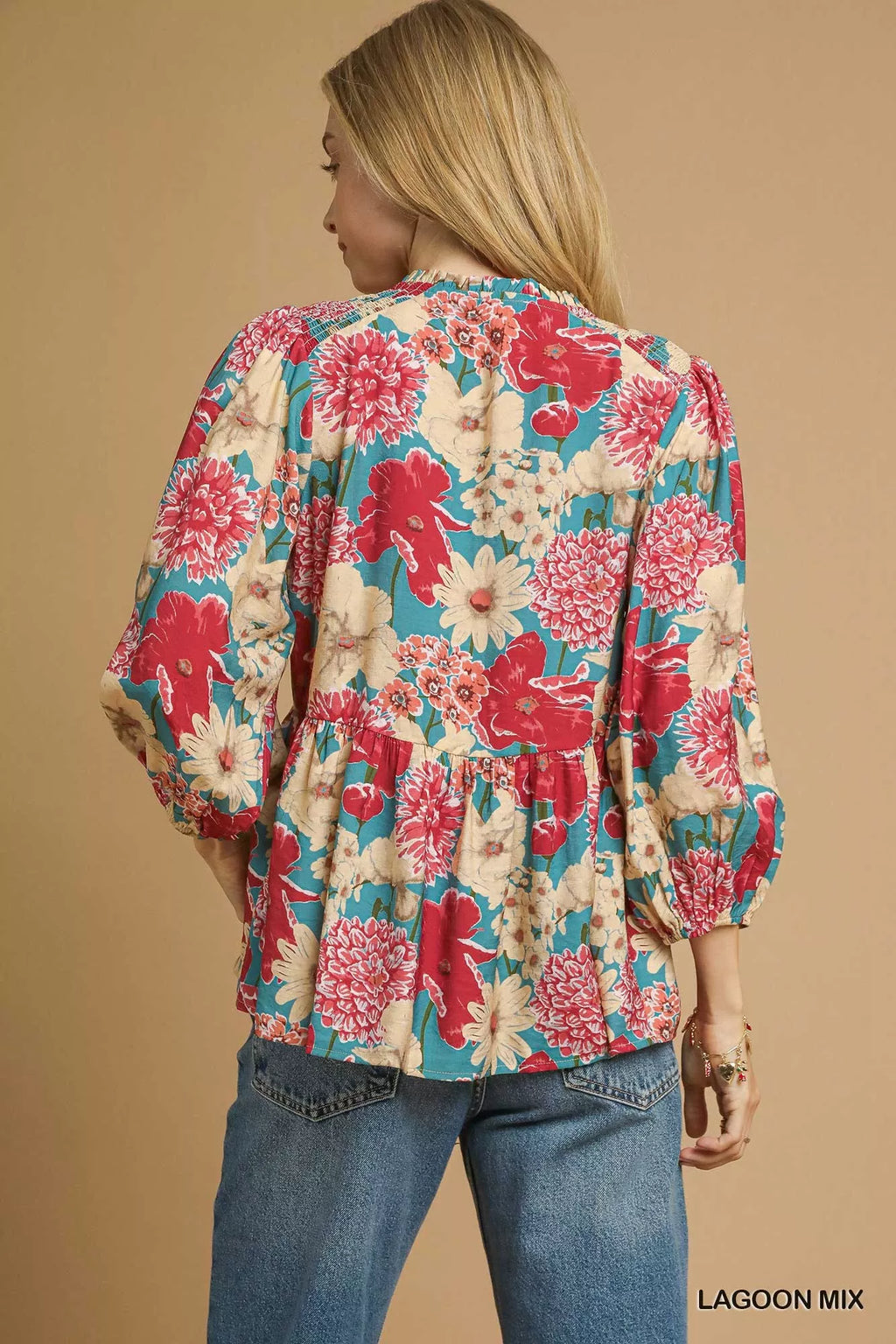 Mix Floral Peplum Blouse with Tie Neck