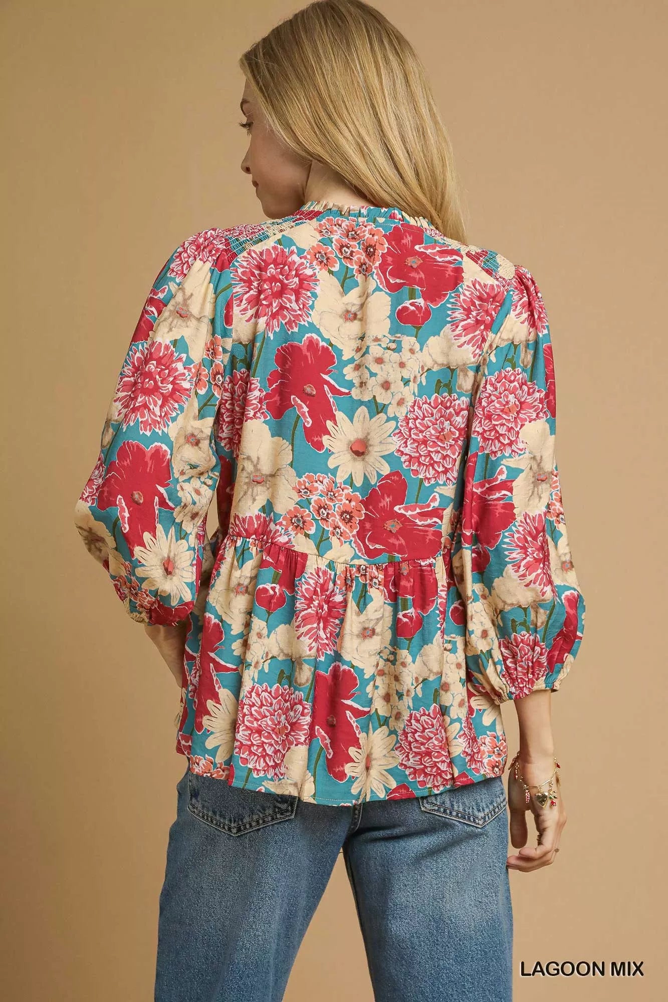 Mix Floral Peplum Blouse with Tie Neck