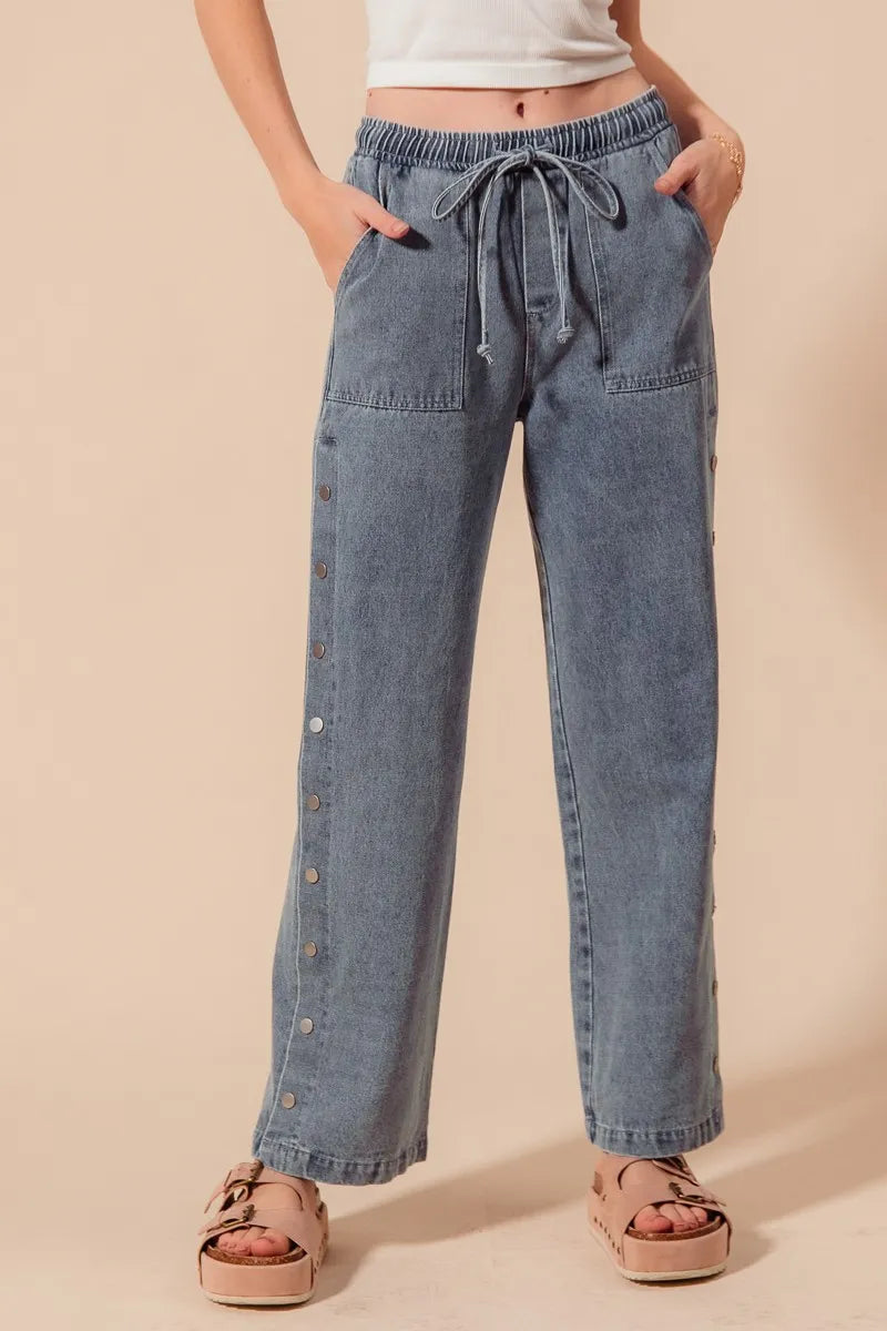 Mid Rise Drawstring Jeans with Side Snap Button