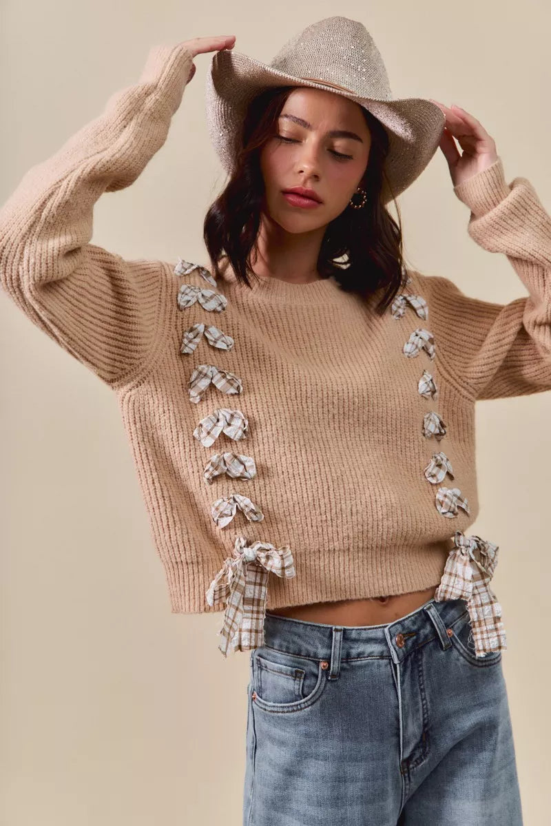 Checkered Plaid Tape Lace Up Ribbed Sweater