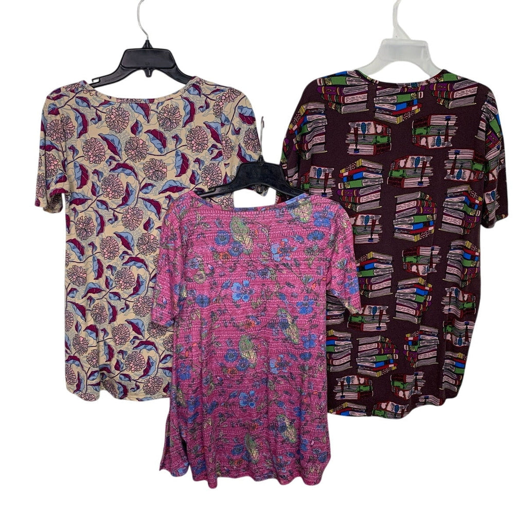 Lot of 3 Lularoe Womens XXS Short Sleeve Purple Floral Books Long Tunic Shirts