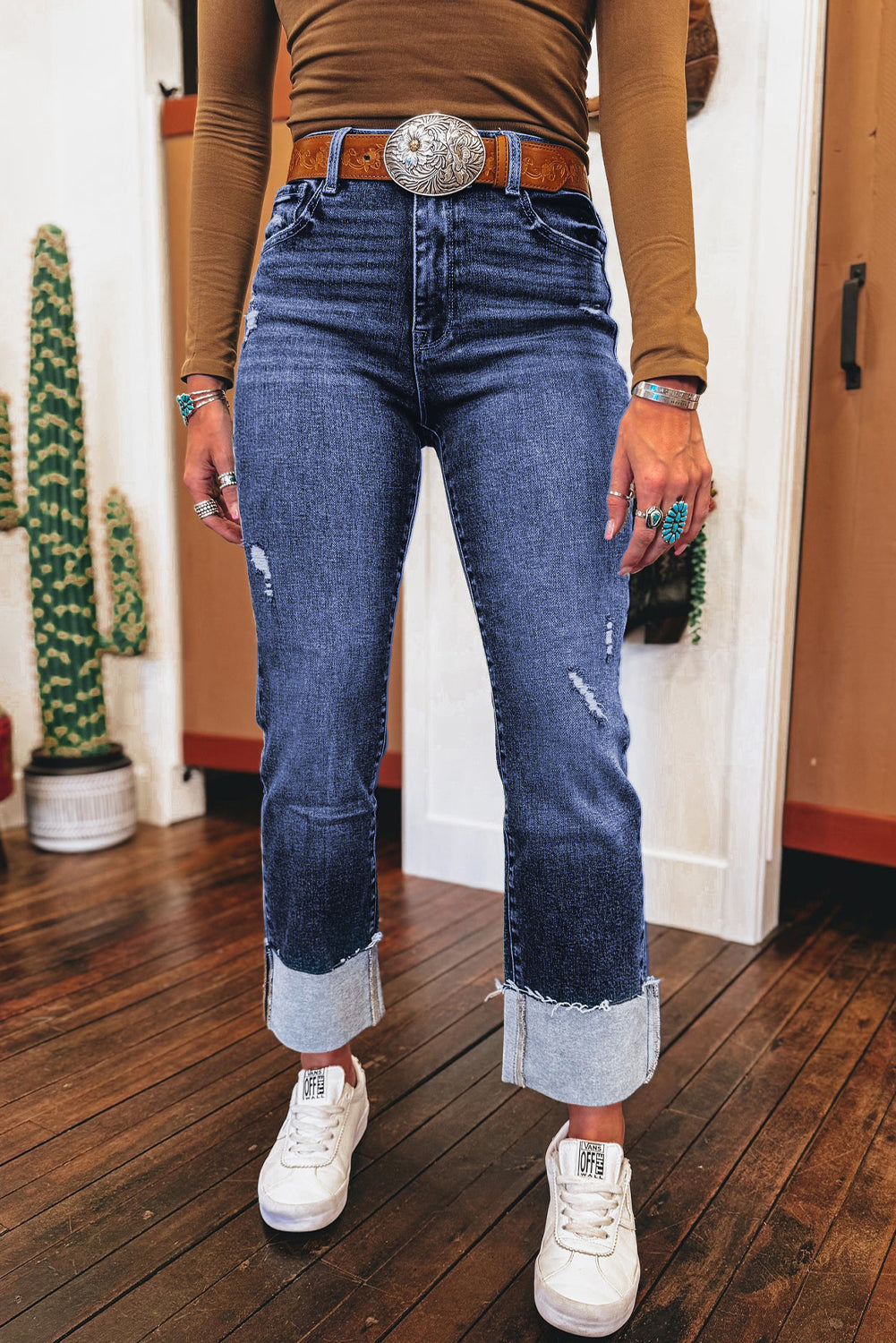 Real Teal Folded Cuffs Distressed Straight High Waist Jeans