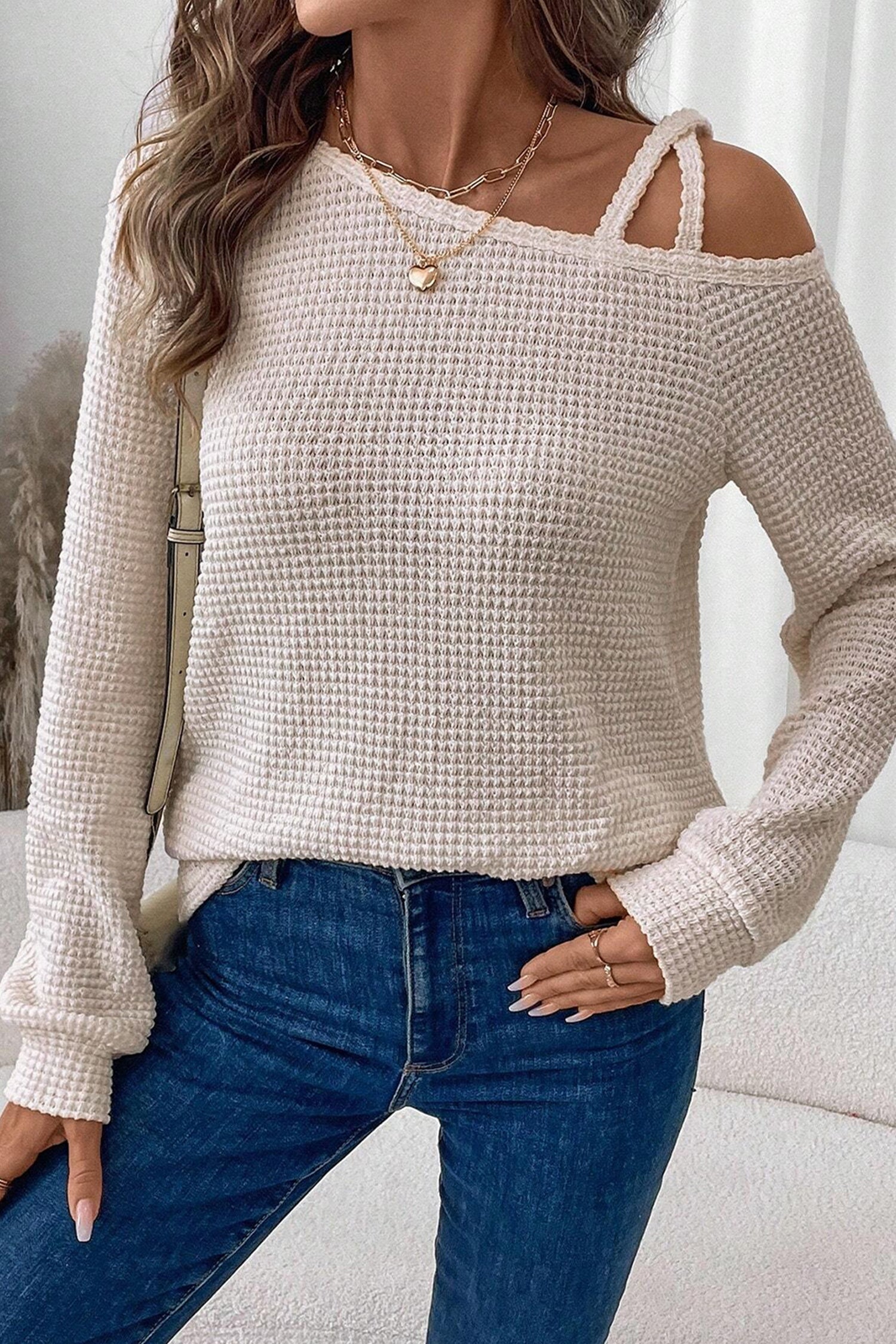 Jet Stream Solid Color Textured Knit Asymmetric Shoulder Long Sleeve Top