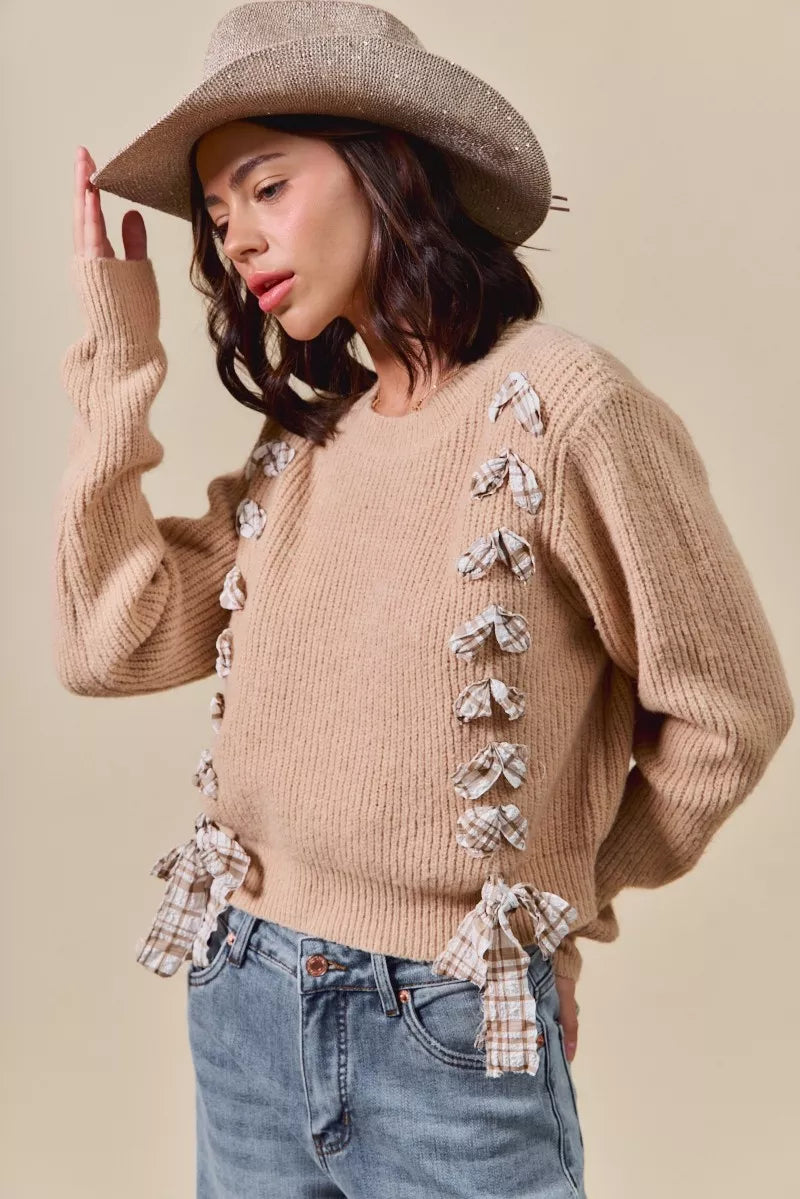 Checkered Plaid Tape Lace Up Ribbed Sweater