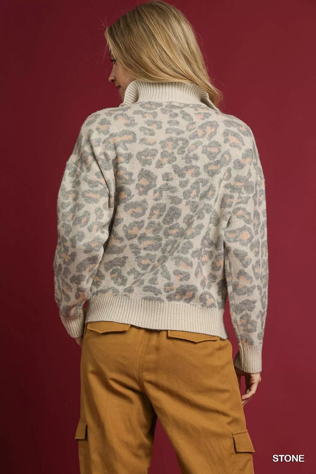 Leopard Print Quarter-Zip Knit Sweater