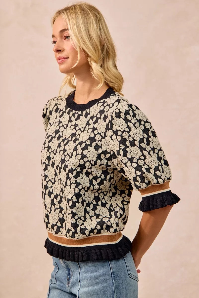 Textured Rose Knit Top Contrast Banded Puff Sleeve