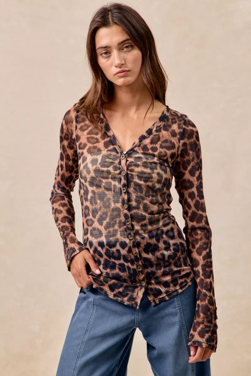 Leopard Printed Mesh Shirt With Button Up V Neck