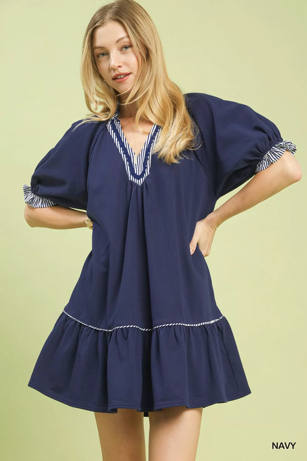 French Terry Mini Dress with Ruffled Striped Trim