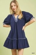French Terry Mini Dress with Ruffled Striped Trim