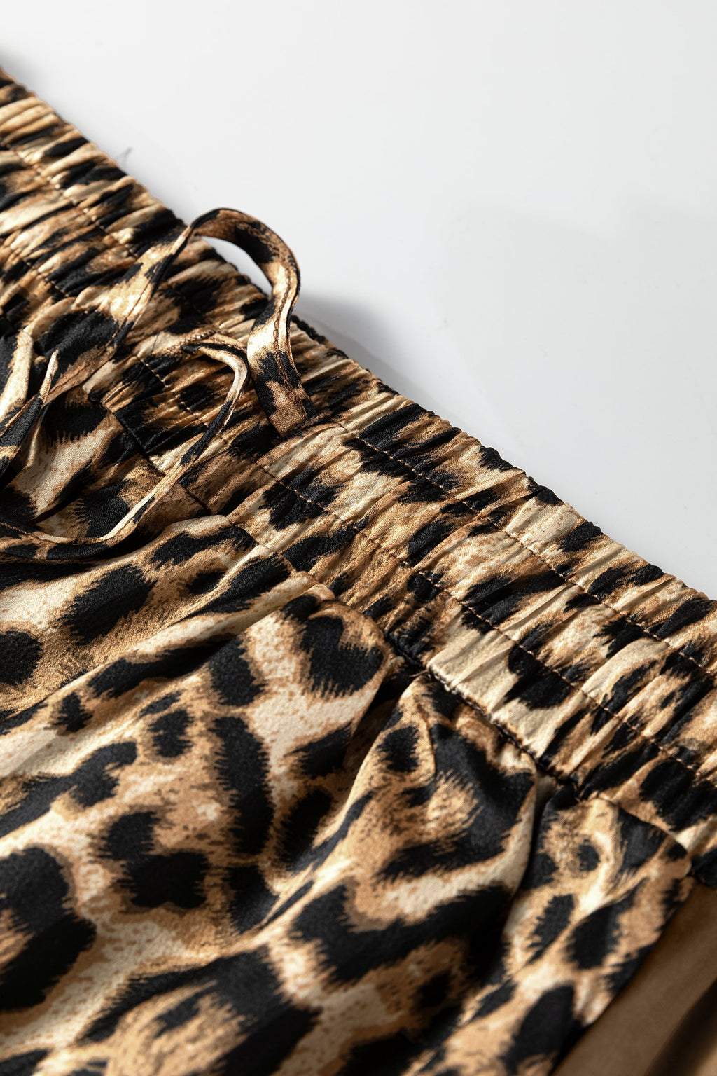 Brown Leopard Collared 3/4 Sleeve Shirt and Loose Pants Two Piece Outfit Set