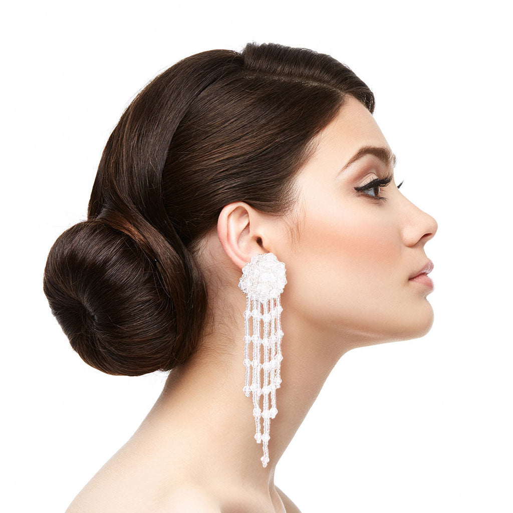 Bead Ball Fringe Earrings Clear Glass Stylish Statement Jewelry