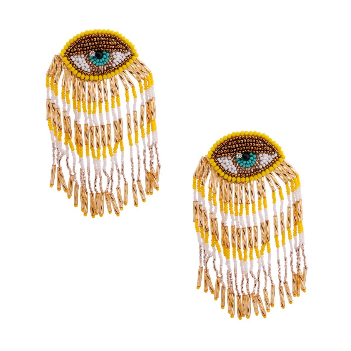 Statement Bead Eye Fringe Earrings in Yellow and Gold – Trendy Fashion Jewelry