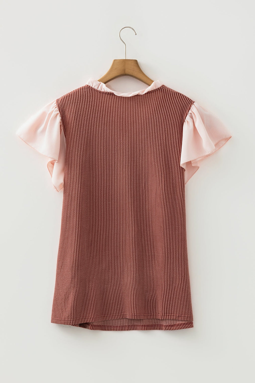 Rose Pink Plus Size Contrast Frilled Neckline Ruffled Short Sleeve Ribbed Textured Blouse