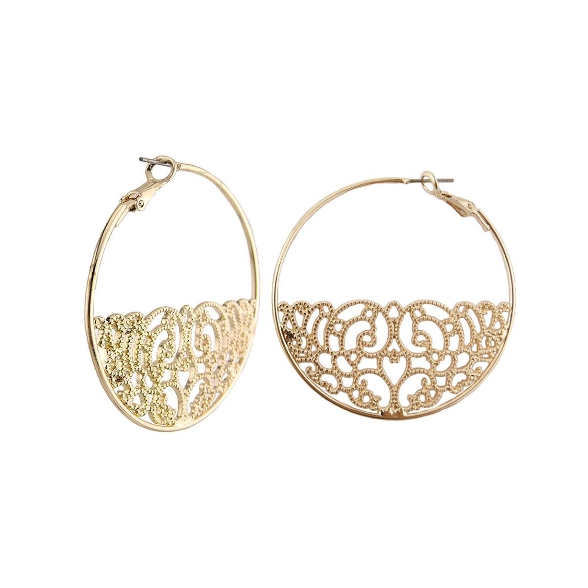 Fashion Hoop Earrings Gold Half Filigree Stylish Statement Hoops