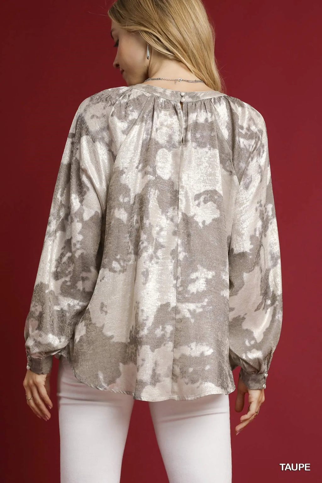 Full Size Metallic Fabric Blouse with Balloon Sleeves Plus Size