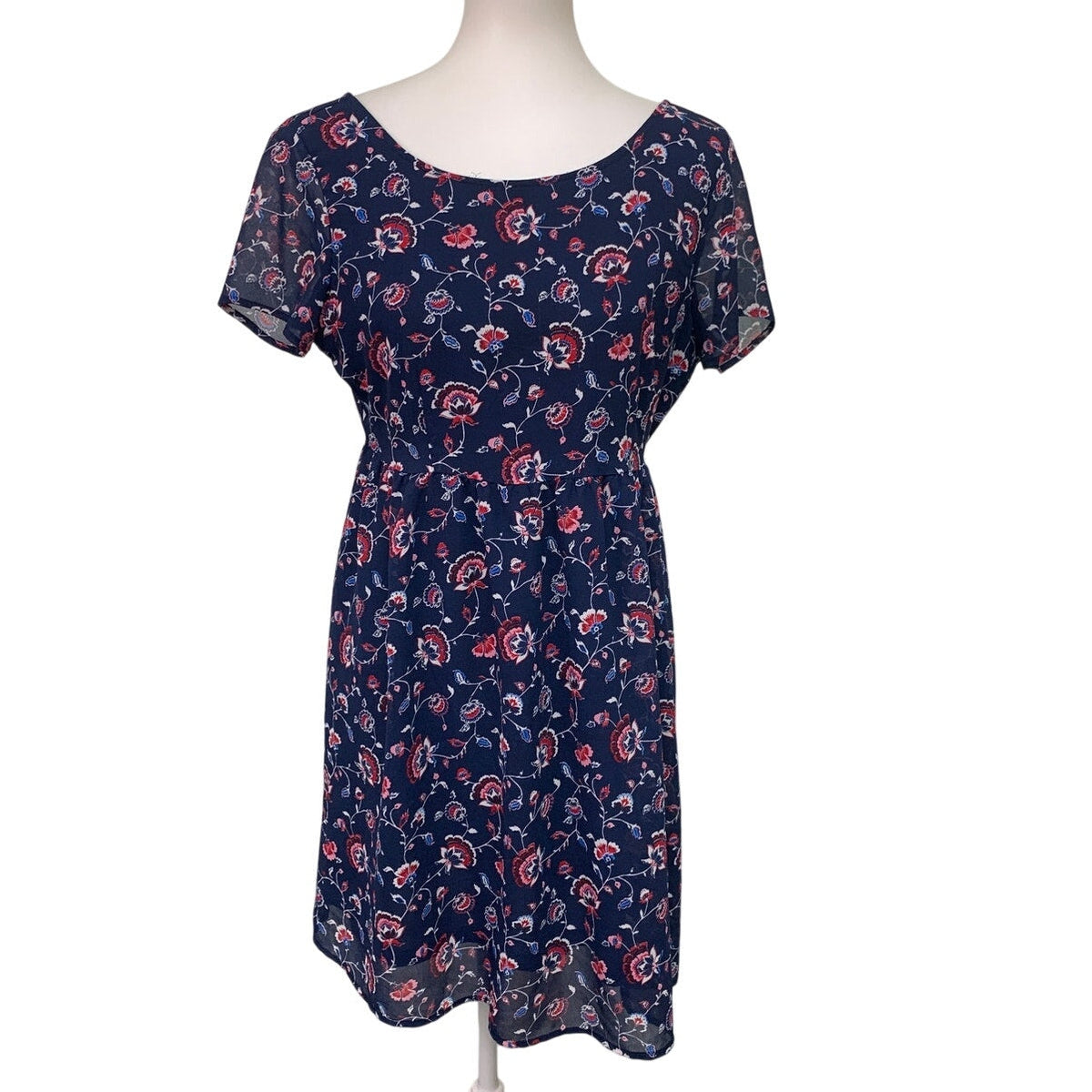 Old Navy Womens Medium Navy Blue Floral Short Sleeve Back Zip Fit n Flare Dress