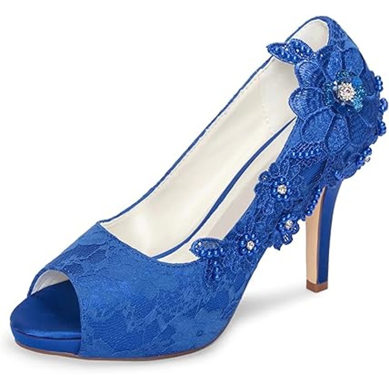 Emily Womens Size 9.5 Royal Blue Floral Lace Peep Toe 4" Heel Slip On Pump Shoes