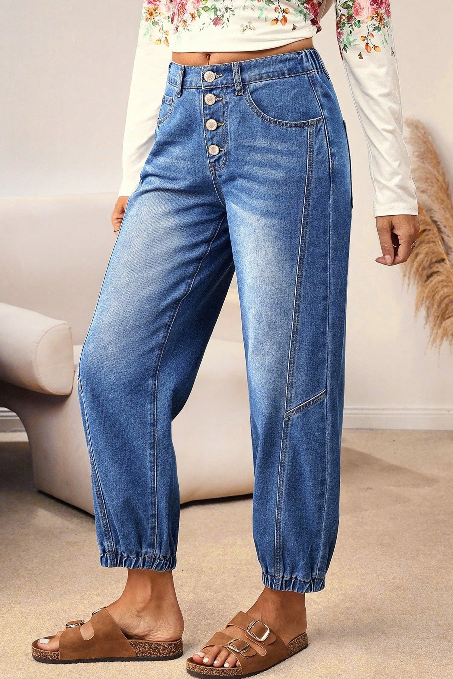 Blue 4 Buttons Front Tapered Casual Loose Fit Jeans