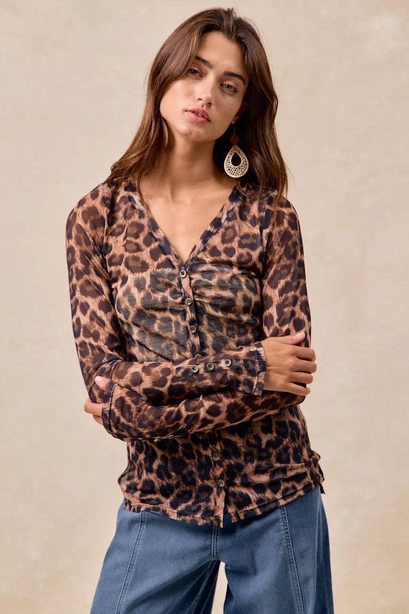 Leopard Printed Mesh Shirt With Button Up V Neck