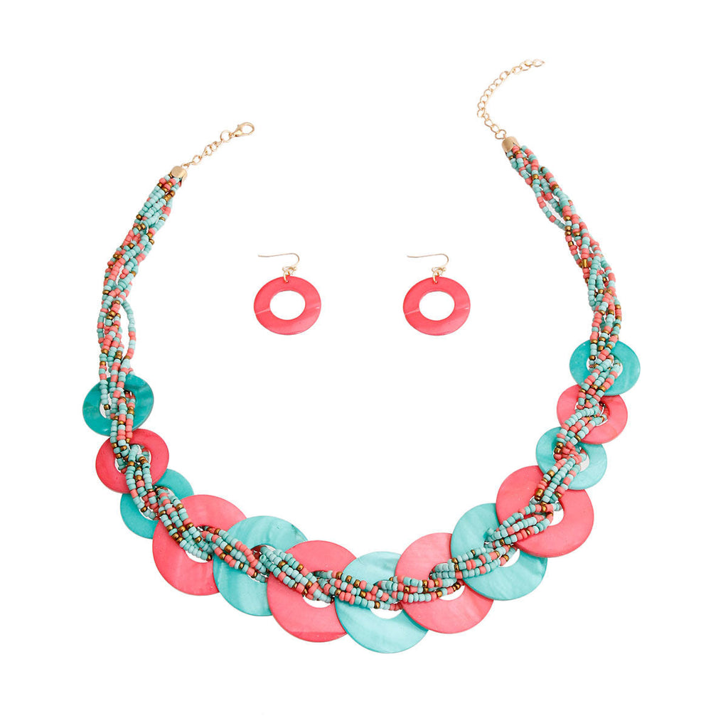 Statement Necklace Turquoise and Coral Bead Disc Stylish Jewelry Accessory