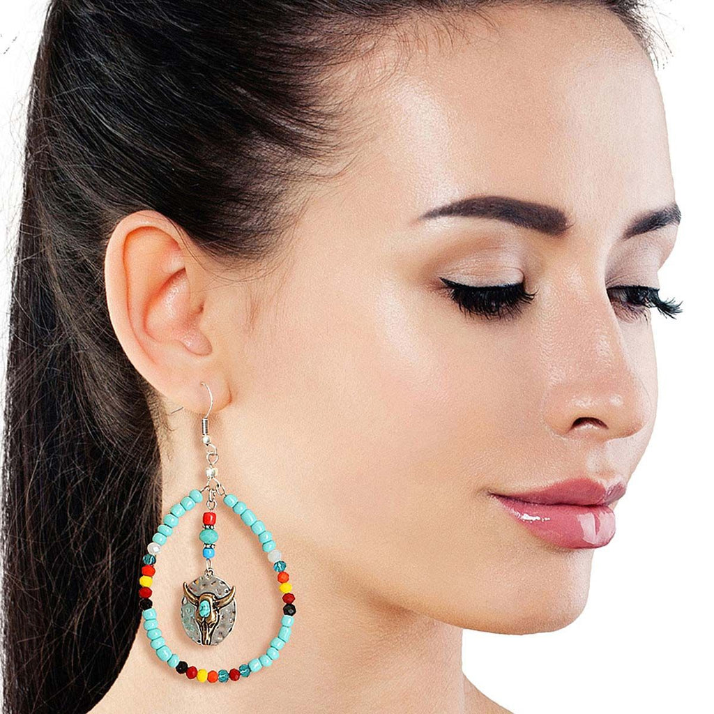 Statement Longhorn Earrings with Turquoise Bead Teardrop Design