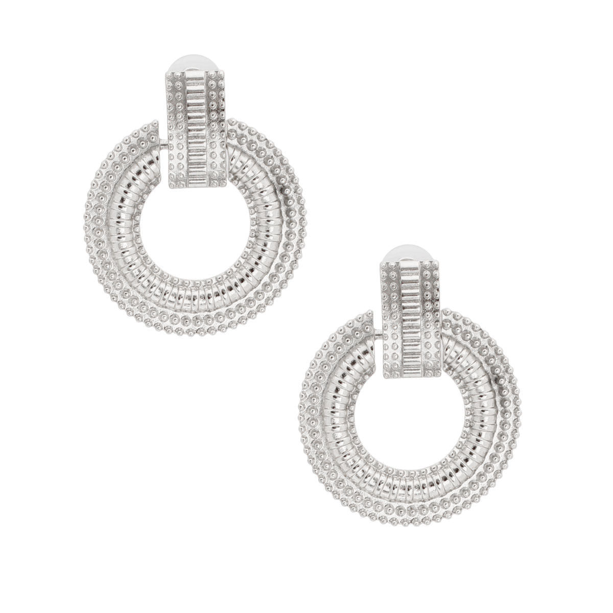 Metal Circle Stud Earrings Silver Patterned Stylish Statement Jewelry