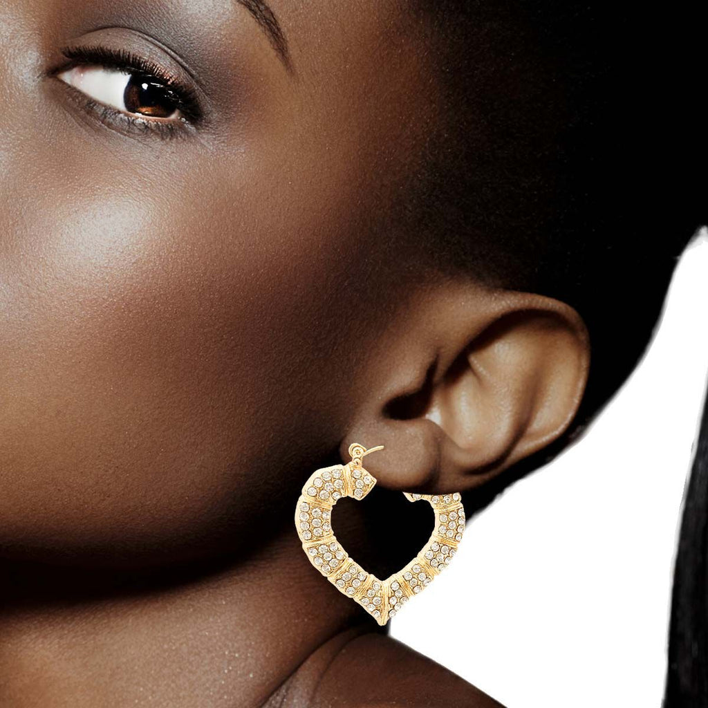 Bamboo Hoop Earrings with Gold Bling Heart – Trendy Statement Jewelry