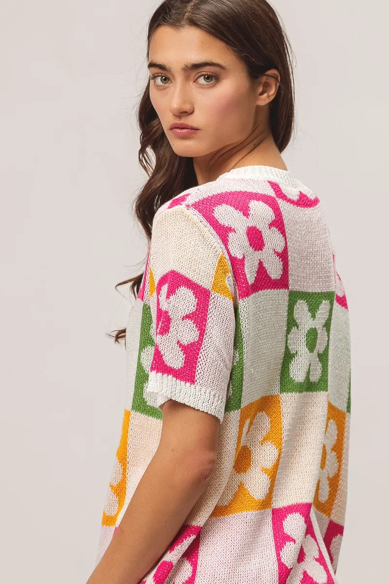 Flower Checker Pattern Lightweight Sweater Top