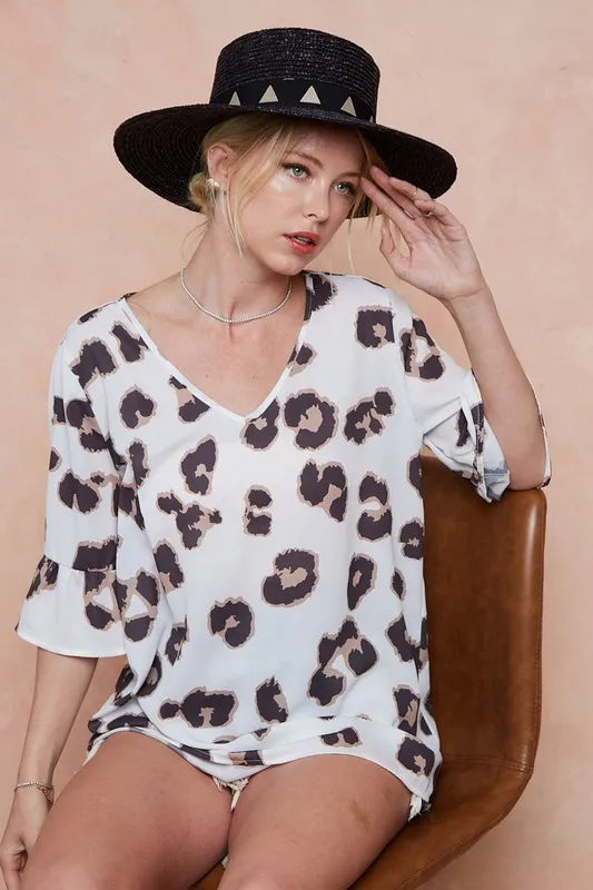 Leopard Printed V Neck Woven Top with Ruffled