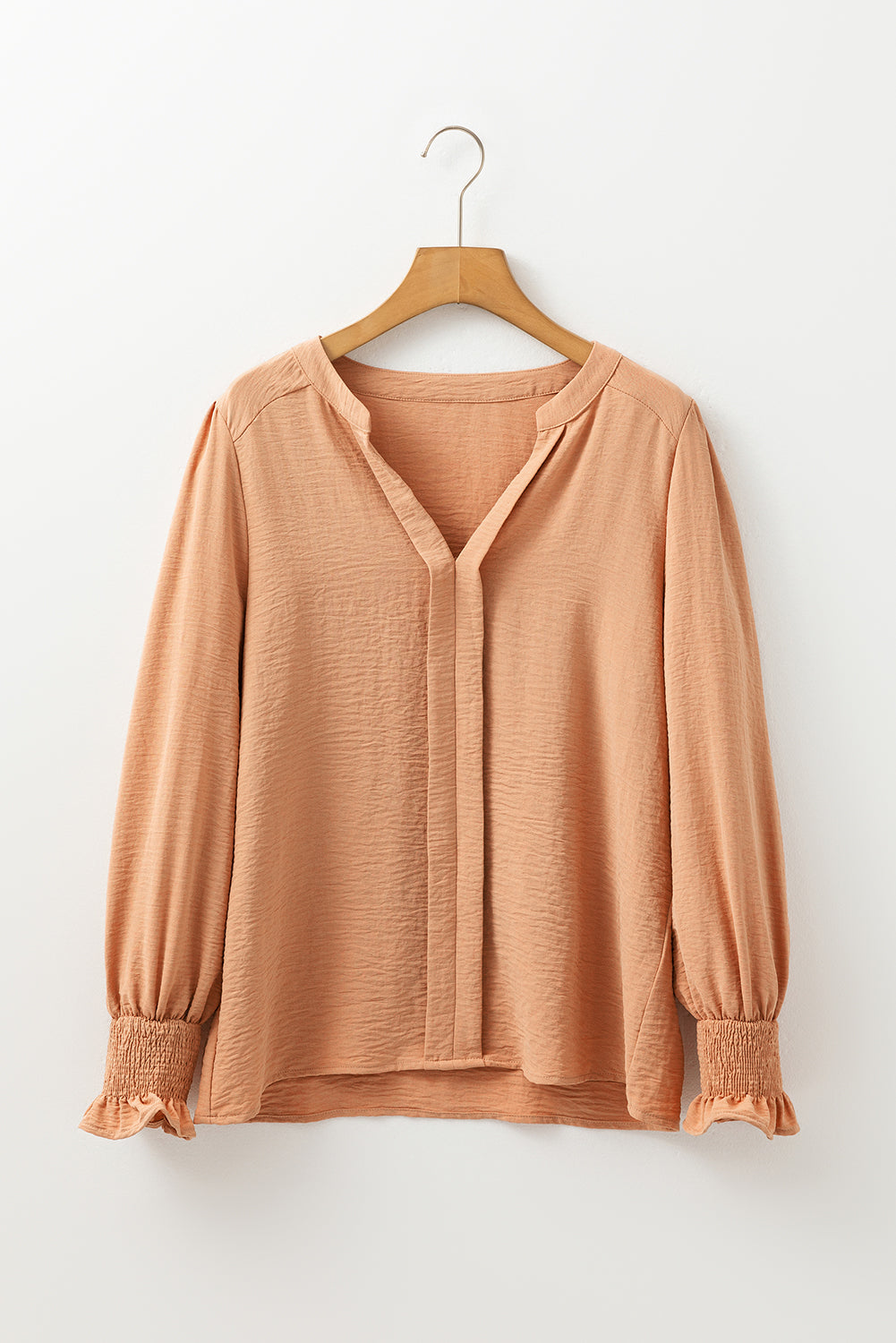 Straw Yellow Solid Color Shirred Cuff Notch V Neck Blouse