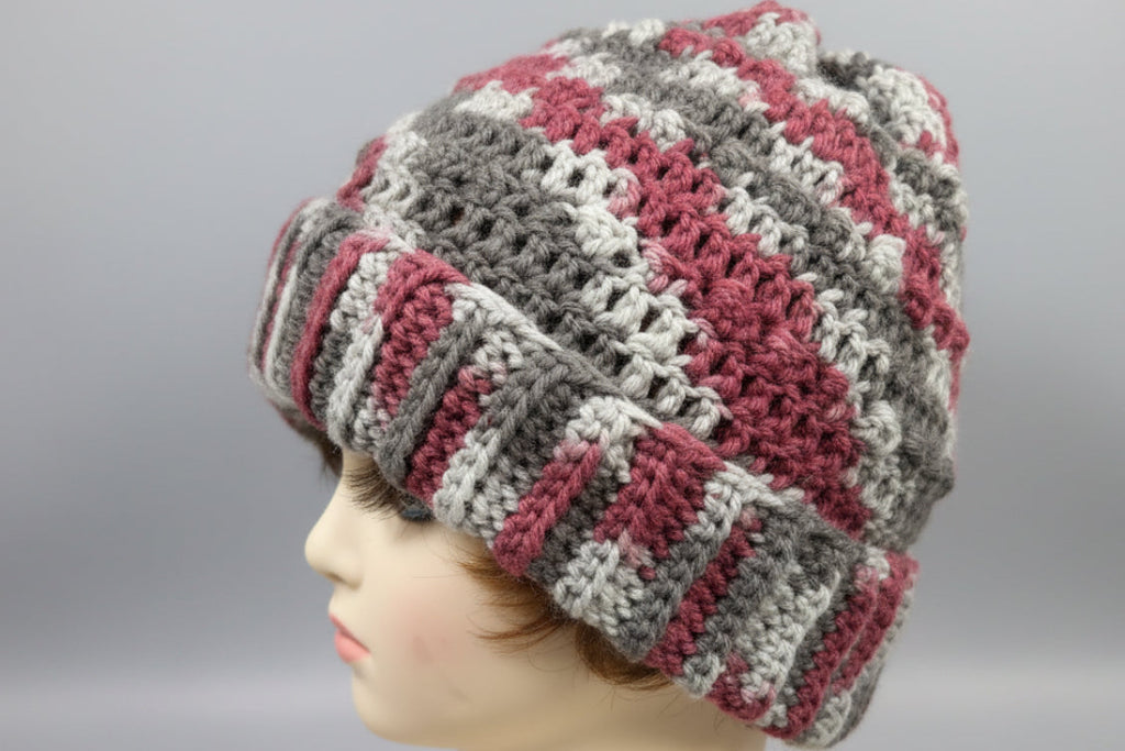 Handcrafted crocheted beanie in maroon & greys