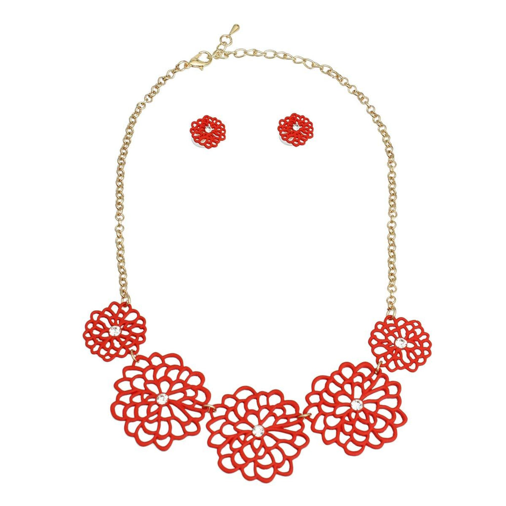 Statement Necklace Red Matte Metal Cut Out Flower Stylish Chic Jewelry Accessory