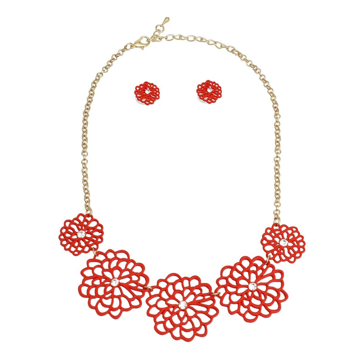 Statement Necklace Red Matte Metal Cut Out Flower Stylish Chic Jewelry Accessory
