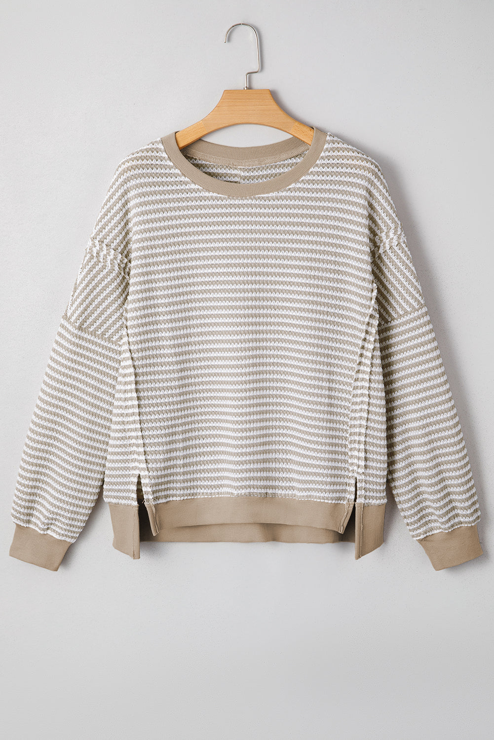 Brown Stripe Ribbed Trim Drop Shoulder Long Sleeve Oversize Top
