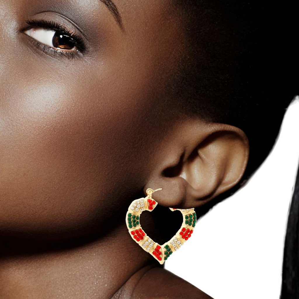 Bamboo Hoop Earrings with Red and Green Bling Heart – Stylish Statement Jewelry