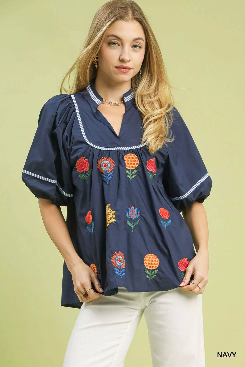 Embroidered Floral Puff Sleeve Top