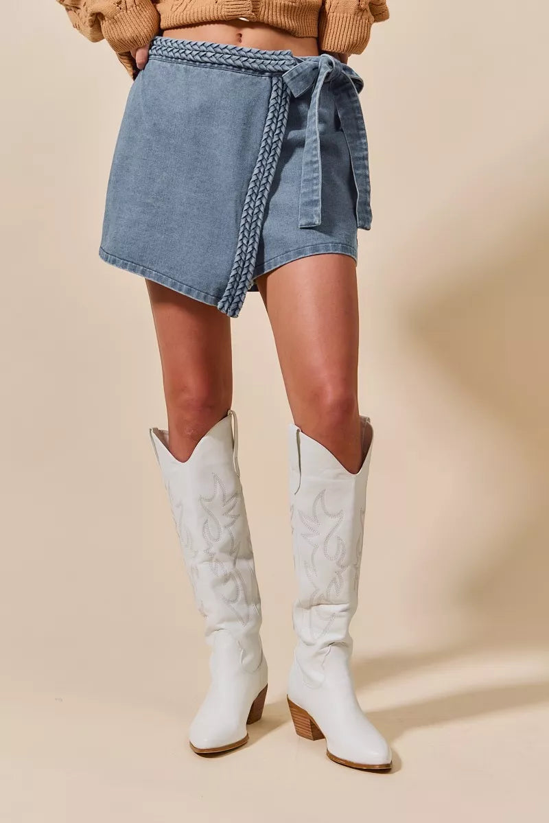 Wrap Braided Trimmed Denim Skort